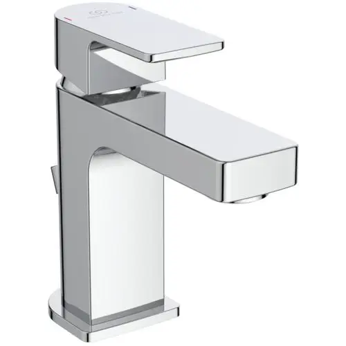 Moderne chromfarbene Armatur von Ideal Standard mit einem flachen, rechteckigen Design und einem Hebel zur Steuerung von Wasserfluss und Temperatur.